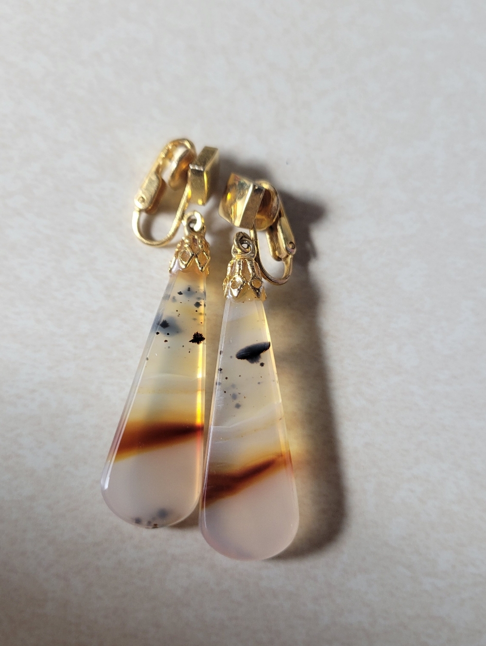 Gold-Tone Dendritic Agate Teardrop Clip-On Earrings